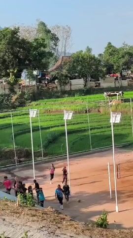 This video shows a group of people playing volleyball on a dirt court. There are several tall poles with lights on them surrounding the court. In the background, there are rice fields and trees. The sky is clear and blue. Some people are running and jumping to hit the ball, while others are standing and watching. The overall atmosphere appears to be casual and recreational.