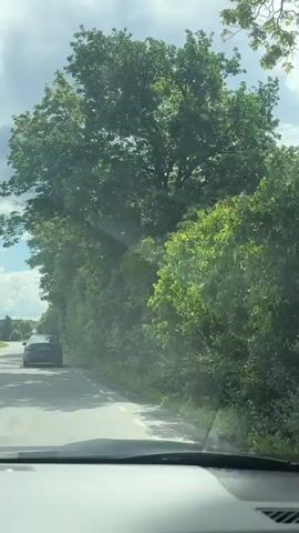 The video shows a view from inside a car driving on a paved road lined with lush green trees. The road has white dashed lines indicating lanes. Ahead, another car, which appears to be dark in color, is traveling in the same direction. The sky is partly cloudy with patches of blue sky visible. The scene suggests a scenic drive through a wooded area on a bright day.