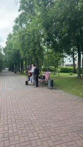A group of four men are standing on a paved walkway in a park. Two men are playing musical instruments, one with an accordion and another with what appears to be a drum. The third man is singing and holding a microphone connected to a speaker on the ground. The fourth man is wearing a black suit and is standing near a pink bench. The walkway is lined with trees and there is a grassy area to the right. The sky is overcast.