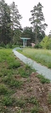 The video shows a paved pathway winding through a wooded area with tall pine trees. The pathway is constructed of gray and green interlocking bricks, with a section of red bricks further along. The area beside the path is overgrown with tall grasses and green vegetation. In the background, several modern-looking structures with white canopies and metal frames are visible, interspersed among the trees. The sky is overcast. The camera appears to be moving, following the path.