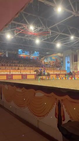A performance is taking place in what appears to be an indoor arena. The arena has a dirt floor and is surrounded by tiered seating filled with spectators. Colorful banners and decorations are visible around the perimeter of the performance area. Above the arena, a large, multi-faceted light fixture with numerous strings of small lights hangs from the ceiling. The lighting in the arena is a mix of bright spotlights and decorative colored lights, creating a dramatic atmosphere. In the center of the arena, two horses are being ridden side-by-side by performers. Perched atop the riders, another performer is balancing precariously on a pole, showcasing an acrobatic feat. The performers are dressed in colorful, elaborate costumes. The overall scene suggests a circus or equestrian show.