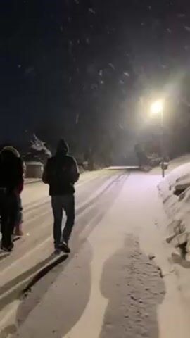 A nighttime scene shows three people walking on a snow-covered road illuminated by a street lamp. Snow is falling heavily. The person closest to the camera is wearing dark clothing and carrying something on their back. Two other figures walk alongside, and a snow-covered embankment is on the right side of the road. The setting suggests a winter evening.