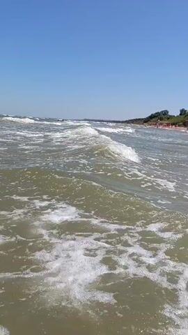 This video shows a view from the ocean's edge looking out towards the sea under a clear blue sky. Gentle waves with white foam are rolling in towards the shore. In the distance, along the coastline, there are trees and a few people visible on a sandy beach. The water is murky and appears to be shallow near the camera. The overall atmosphere is that of a calm, sunny day at the beach.