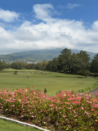 Morning at a mountain-backdrop golf club in Sukasada, Bali