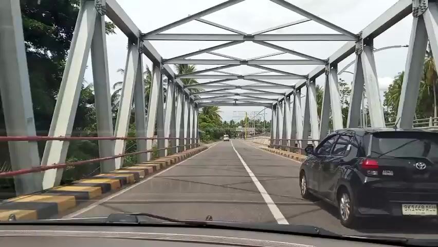 A black car drives on a road under a metal bridge. There are palm trees and other vegetation on the sides of the road. The sky is cloudy. Another black SUV is visible further down the road. There are traffic barriers on the sides of the bridge. The road has white lane markings. The license plate of the black car is visible but unreadable.