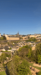 Aerial footage captures sunny Luxembourg City morning panorama