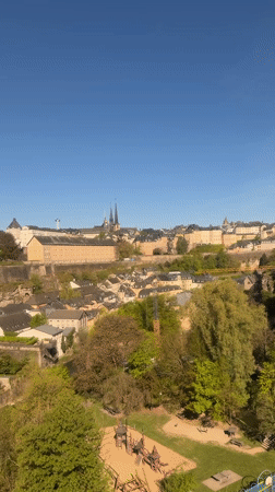Aerial footage captures sunny Luxembourg City morning panorama