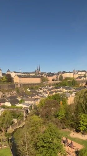 Aerial footage captures sunny Luxembourg City morning panorama