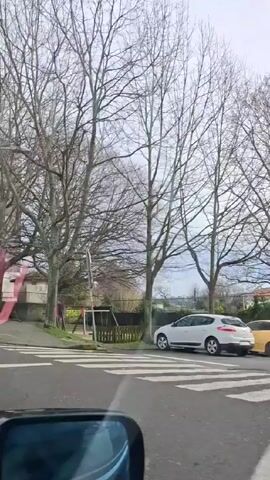 Here is a description of the video:
The camera is mounted inside a moving vehicle, likely a car, and is pointed out the front passenger-side window. The car is driving on an urban street on a cloudy day. The video begins at an intersection with bare trees on the sidewalk and what appears to be a playground on the other side of the street. As the car drives, other cars pass by, and buildings of varying architecture are visible. The video continues to show street scenes as the car moves along, passing a bus stop, a building labeled "Auto Escuela," and an old brick building partially under construction.