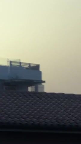 The video shows a series of outdoor scenes, primarily focused on the sky and distant landscapes. The first scene features a sliver of the sun peeking from behind a building's edge, with a tiled roof in the foreground. The second scene captures a full, bright sun rising or setting against a hazy, pale yellow sky. A building with white latticework and a red facade is visible, along with some green foliage. The third scene is a blur of dark green, possibly water or foliage, with streaks of light reflecting on its surface. The fourth scene shows a tall, needle-leafed tree in silhouette against a bright, hazy sky, with the sun visible through its branches. In the distance, there are hints of buildings and rooftops. The final scene presents a clear view of the sun in the sky, with a hazy, pale yellow atmosphere. A range of dark hills or mountains forms the horizon, with a few buildings and rooftops at their base. A small structure resembling a weather vane or wind turbine is also visible. The overall impression is one of natural light and atmospheric conditions.