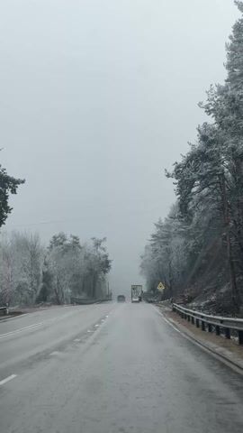 A vehicle drives down a wet, gray, two-lane road in a snowy environment. The road is flanked by trees dusted with snow, and there's a metal guardrail on the right side. In the distance, a car and a truck can be seen further down the road. A yellow triangular caution sign is visible on the right. The sky is overcast and gray.