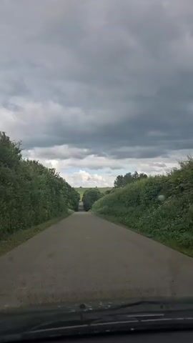 This is a first-person point-of-view video, likely recorded from inside a vehicle, showing a drive along a rural road in Walcourt, Belgium. The road is asphalt and appears to be in good condition, flanked on either side by lush green trees and bushes. The trees form a natural tunnel effect, creating a sense of depth and leading the viewer's eye towards the horizon.

The sky is overcast with heavy, dark grey clouds, suggesting a possibility of rain or a stormy day. Despite the gloomy sky, the overall scene is vibrant due to the intense green of the foliage. The landscape beyond the trees appears to be rolling hills, hinting at a pastoral setting.

No people are visible in the frame, and the focus is entirely on the road and the surrounding nature. The activity is a drive, with the perspective suggesting forward motion. There is no visible text in the video. The time of day is not explicitly clear due to the overcast conditions, but the light suggests it is daytime. The emotion conveyed is one of peaceful solitude, typical of a scenic drive through the countryside.