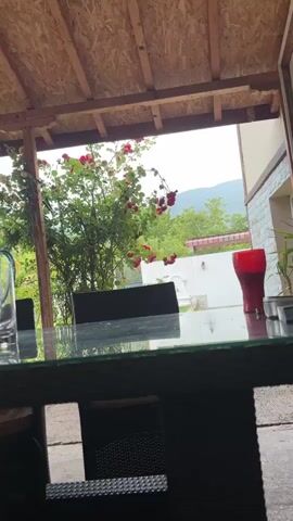 A first-person view from a covered patio or outdoor seating area. The camera moves, showing the ceiling with wooden beams and a ceiling fan, a glass table with some items, and the lush green outdoor environment with trees, flowers, and distant hills.