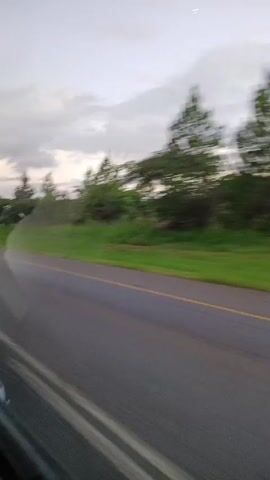 The video shows a view from inside a moving car, looking out the side window. The car is driving on a paved road with a yellow line marking the edge. Lush green grass and trees line the roadside. The sky is overcast with a mix of gray and white clouds, and a hint of sunset colors is visible. Another car briefly appears in the opposite lane at the beginning of the video. The side mirror of the car is visible in the foreground, reflecting the road and sky.