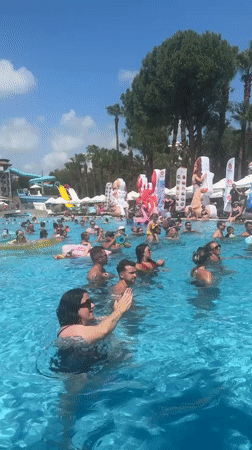Pink-sequined dance troupe performs poolside at Manavgat resort