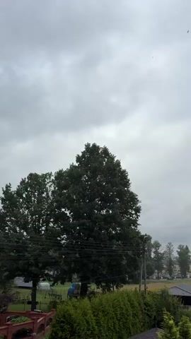 The video shows a gray, cloudy sky over a rural landscape. In the foreground, there is a row of green bushes and some trees. In the background, there are more trees, some houses, and a field. There are no people visible in the video. The weather appears to be overcast and possibly rainy, as indicated by the gray sky and the slight blur in the distance which could be rain.