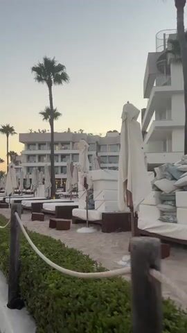 The video opens with a shot of a beach resort area. In the foreground, there is a wooden walkway with a rope railing and a green hedge. Beyond the hedge, there are rows of empty lounge chairs and umbrellas on the sand. Palm trees are visible in the background, along with a multi-story building. The sky is a pale blue, suggesting either early morning or late evening.

A woman with long blonde hair, wearing a white crop top and gray shorts, walks into the frame from the left, moving along the wooden walkway. She carries a dark handbag over her shoulder and a phone in her right hand. As she walks, she glances back over her left shoulder towards the camera with a slight smile and then turns her head forward.

The camera follows the woman as she continues down the walkway. The perspective shifts to show more of the beach and the water on the left side of the frame. Other people are visible in the distance further down the walkway, walking in the same direction. The building in the background remains the same. The woman continues to walk away from the camera.