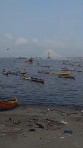 Fishing boats gather near Bandra-Worli Sea Link during overcast morning