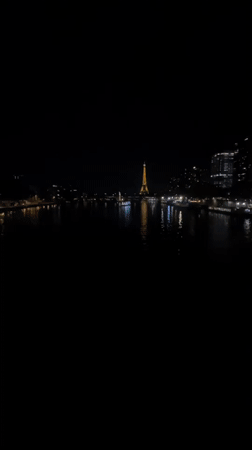 Eiffel Tower glowing at night over the Seine