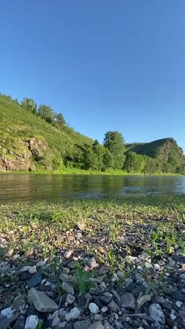 A low-angle shot showcases a serene natural landscape. In the foreground, a bed of small, varied-colored pebbles and green grass lines the bank of a gently flowing river. The river's surface reflects the bright blue sky and the lush greenery of the opposite bank. Beyond the river, rolling hills covered in dense green trees rise towards the sky. The hills are dotted with patches of rock and vegetation. The sky is a clear, vibrant blue, with no clouds visible. The overall impression is one of peaceful, unspoiled nature.
