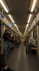 Moscow Metro passengers on phones during midday commute