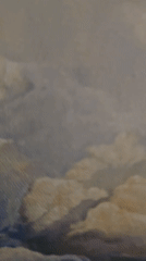 Video captures dramatic landscape oil painting with towering clouds