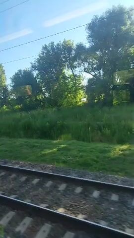 A video shows a landscape from a moving train. The train tracks are in the foreground, and a grassy embankment with trees and bushes is visible in the background. The sky is blue with some clouds. The sun is shining, creating some lens flare in the video.