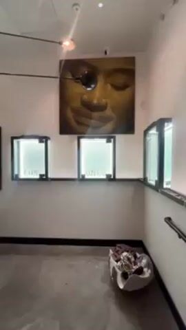 The video shows the inside of a room with a concrete floor and white walls. In one corner of the room, there’s a silver bowl filled with crumpled foil-like items. Above the bowl, a large square artwork of a face with closed eyes hangs on the wall. Above the artwork is an adjustable spotlight and a security camera. Under the artwork are three display cases with black frames, each lit from the inside. As the camera moves, a handrail comes into view, then a colorful mural of flowers and foliage, followed by a long hallway lined with more display cases and additional artwork.