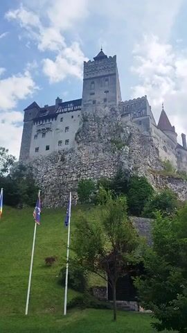 The video shows a tall, imposing castle situated on a rocky hillside under a cloudy sky. Several flags are planted on a grassy slope in the foreground, and trees are visible on the right side of the frame. A small, brown animal, possibly a deer, is visible on the grass between two flags. The castle itself is made of stone and appears to be an old fortress with multiple towers and windows. The overall impression is one of historical grandeur and a slightly mysterious atmosphere.