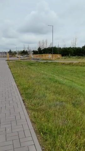 A video clip shows a paved walkway on the left side of the frame, bordered by a grassy area on the right. In the background, there is a street, trees, and a lamppost. The sky is overcast.