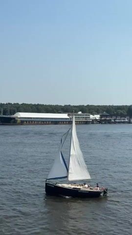 A dark blue sailboat with a white sail and a blue stripe glides across the water. Three people are visible on the sailboat, two sitting near the front and one at the back. In the background, a long, white building with many windows stretches along the water. Large yellow letters on the side of the building spell out "ZOMBIELAND" and "ЭКШН - КВЕСТ". A smaller white motorboat with a canopy is also visible in the water, with two people onboard. The sky is clear and blue, and a dense line of green trees borders the far side of the water.
