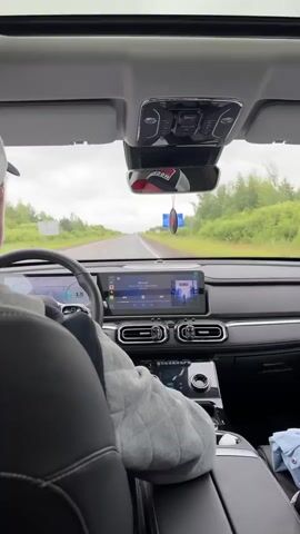This media file captures the interior of a car, looking forward through the windshield. The primary subject is the driver, whose hands are visible on the steering wheel. The driver is wearing a grey quilted jacket and a baseball cap. The car's dashboard is prominent, featuring a large touchscreen display showing a music interface with album art and playback controls. The vehicle appears to be in motion on a paved road, with a landscape of green trees and vegetation visible on either side. The sky is overcast, suggesting a cloudy day.

A notable object is a red, circular air freshener hanging from the rearview mirror. Several signs are visible in the distance along the side of the road. One sign appears to be a blue informational sign, and another, further down the road, is a white sign with red text, possibly indicating a speed limit or warning. Another sign further still on the right is red and white and seems to be a directional sign.

The activity taking place is driving. The overall mood is calm and ordinary, suggesting a typical travel scenario. The presence of the music interface indicates that entertainment is being utilized during the journey. The location context provided indicates the setting is Doksha, Russia. While the exact time of day is not explicitly stated, the overcast sky suggests it could be daytime.