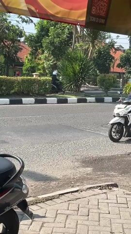 A motorcycle is parked in the foreground, partially obscuring the lower left corner of the frame. A paved sidewalk is visible to the right of the motorcycle. Beyond the sidewalk is a street with a white and black striped curb. Across the street, a person wearing a helmet and dark clothing is riding a black scooter. The person is moving from left to right in the frame. Behind the scooter, there is a row of manicured bushes and trees. In the background, there are buildings with red tile roofs and more trees. The sky is visible above the trees. A sign with a QR code is partially visible at the top right of the frame.