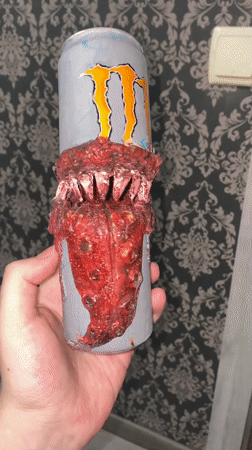 Person documents horror-modified energy drink in Ukrainian bathroom