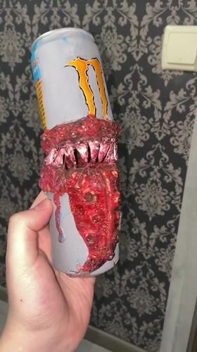 Person documents horror-modified energy drink in Ukrainian bathroom