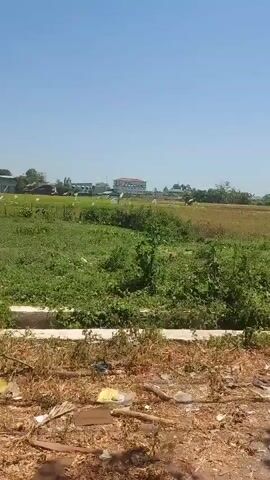 The video pans across a rural landscape under a clear blue sky. In the foreground, there is dry, brown dirt with scattered debris, including pieces of plastic and wood. A low concrete barrier runs horizontally across the frame. Behind the barrier is an area of lush green vegetation, with taller bushes and smaller plants. In the middle ground, the vegetation transitions to a field with some tilled areas and more greenery. Several white structures, possibly shelters or small buildings, are visible in the distance within this field. Further back, a larger, multi-story building with a light-colored facade and a red roof stands out against the horizon. The surrounding area appears to be agricultural, with patches of cultivated land. The overall impression is of an undeveloped or semi-developed rural area.