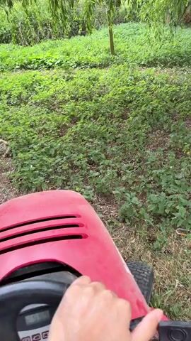 This is a first-person perspective video of someone operating a red riding lawnmower through a grassy, wooded area. The subjects are the hand on the steering wheel, the lawnmower itself, and the surrounding vegetation. The scene is a natural, outdoor setting with lush green foliage and trees, characteristic of a rural environment. The activity is mowing grass.

Notable details include the time of day appearing to be daytime, with good natural light. The weather seems pleasant for outdoor work. The setting is implied to be a garden or a large property with overgrown areas, given the density of the greenery and the use of a riding mower. There are no explicit emotional cues, but the act of mowing suggests a task being completed.

The visible text on the lawnmower's dashboard includes symbols and indicators such as a battery icon, a person sitting, a maintenance alert, a parking symbol, and a battery charging indicator. These are standard controls and indicators for a riding lawnmower. The location context of South Staffordshire, United Kingdom, further reinforces the impression of a rural or semi-rural setting.