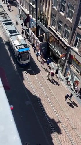 Tram 24 travels busy Amsterdam street on sunny afternoon