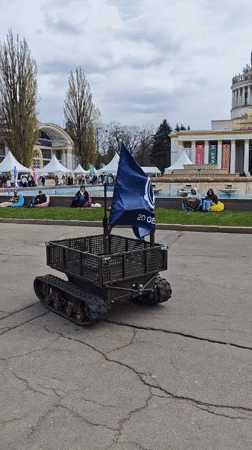 Robot with flag demonstrated in Kyiv public square