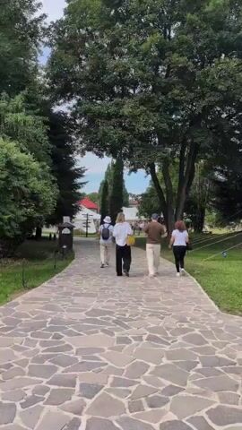 The video shows a group of four people walking away from the camera down a winding stone pathway lined with lush green trees. The path appears to be in a park or garden setting, with manicured lawns and mature trees providing shade. In the background, there are glimpses of white tents, possibly indicating an event or festival. A red-roofed building is also visible. The sky is overcast, suggesting a cloudy day. The people are dressed casually, and their demeanor seems relaxed. The overall impression is one of a pleasant stroll in a serene outdoor environment, possibly in Predeluț, Romania, given the location context. No text is visible in the video.