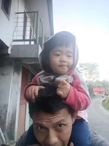 A man carries a young child on his shoulders. The child, wearing a hooded jacket, is looking at the camera and holds their hands up. The man is also looking at the camera with his mouth pursed. They are outdoors on a paved road. Behind them, there is a building, a stone wall, and vegetation. The sky is overcast.