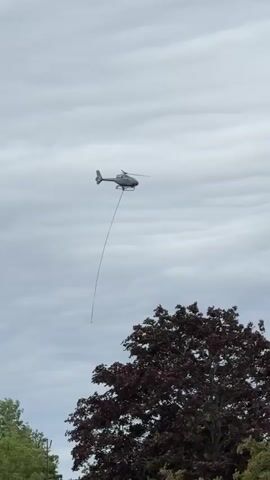 A helicopter flies across a cloudy sky. A long cable hangs from the helicopter, reaching down towards a large tree with dark red leaves. The helicopter appears to be in motion, as the cable is angled away from it. The lower part of the frame shows the tops of green trees.