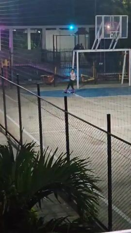 Here's a detailed description of the video:

The video shows a person roller skating on a fenced basketball court at night. The individual is wearing a white top and dark pants. The basketball court has blue and white markings. Other people are visible on the court as well, some are standing near what appears to be a ball. The court is enclosed by a black chain-link fence. In the foreground, a portion of a palm tree is visible. Beyond the basketball court fence, there are some other structures, including what looks like playground equipment. The area is illuminated by artificial lights, some with a pink or blue hue.