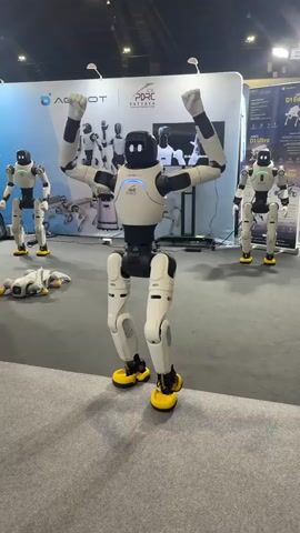 The video shows a group of robots with a central robot in the foreground dancing with its arms raised. To the left, another robot lies on the ground. In the background, two more robots stand at attention. A large banner behind the robots displays the logos for AGIBOT and PDRC PATTAYA. There are also screens showing images of robots and text. The environment appears to be an indoor exhibition hall with a gray carpeted floor and a bright, well-lit space.