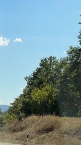 This is a first-person perspective video shot from a moving vehicle on a highway. The sky is clear blue with a few scattered white clouds. To the right of the road, there is a dense line of green trees and vegetation, with rolling hills and mountains in the distance. The road itself is paved and has a white line marking the lane. Several other vehicles, including cars and a white van, are visible on the highway ahead. A roadside barrier is also visible along the right side of the road, and a large brown billboard with some text and a logo is positioned beyond the barrier. The sun appears to be high in the sky, casting bright light on the scene.