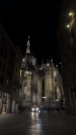 Evening scenes captured around illuminated Milan Cathedral