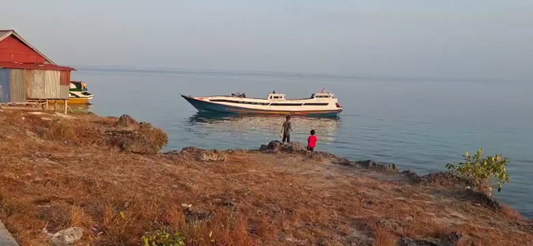 A long, white and blue passenger boat is anchored in calm, clear blue water. On a rocky, dry, grassy shore in the foreground, two boys are standing. The boy on the left is wearing a dark shirt and shorts, and the boy on the right is wearing a red shirt and shorts. To the left, a small building with a red roof and yellow accents is visible on the shore. The sky is a pale blue, and the overall lighting suggests it is late afternoon or early morning.