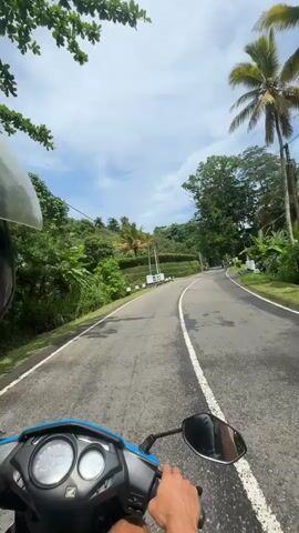 A person is riding a blue Honda scooter down a paved road. The road has a white line down the middle and is surrounded by lush greenery, including trees, shrubs, and banana plants. On the right side of the road, there is a white building. The sky is partly cloudy. Another scooter passes in the opposite direction. Overhead, there are power lines. The camera view is from the perspective of the scooter rider. The rider's hands are visible on the handlebars. The scooter's speedometer and mirrors are also visible. The rider is wearing a helmet.