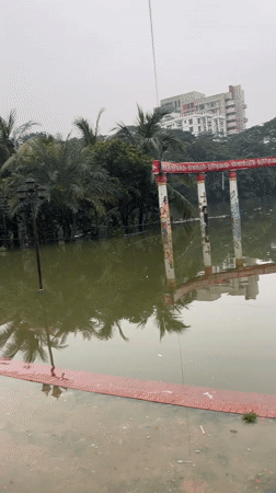 Toy vendor blows bubbles at a waterlogged Ramna Park