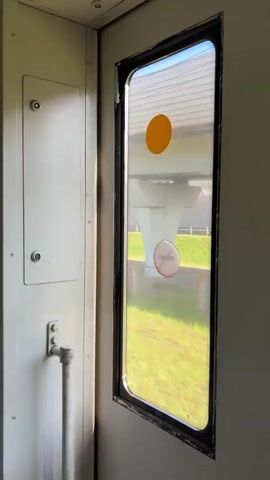 The camera is inside a train, facing a door with a rectangular window.  The door and wall are painted a plain light color.  A metal pipe runs vertically along the left wall. The window has a yellow circle sticker and a no smoking sticker. The view through the window shows green grass, a concrete platform, a gray structure overhead, and trees.  The train appears to be in motion.